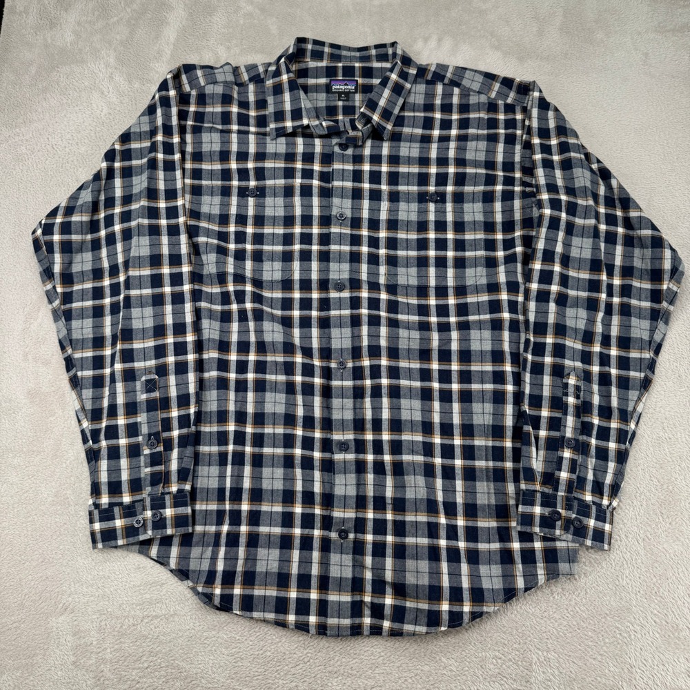 Patagonia Plaid Flannel Button Up Shirt Mens XL Blue Long Sleeve Organic Cotton